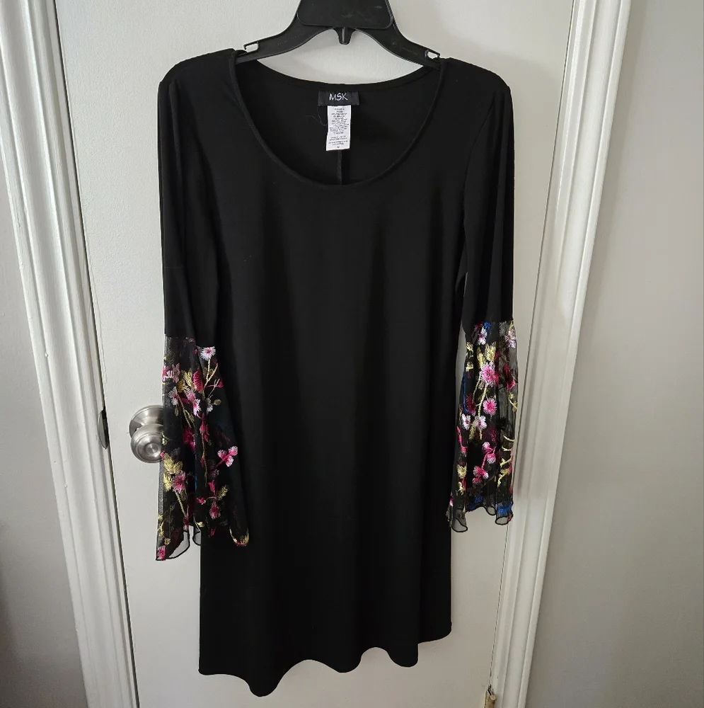 MSK Black Dress with Floral Sleeves - Picture 1 of 4